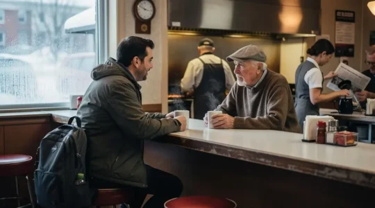 Un voyageur discute avec un habitant au comptoir d'un diner de quartier au Canada, un matin de semaine.
