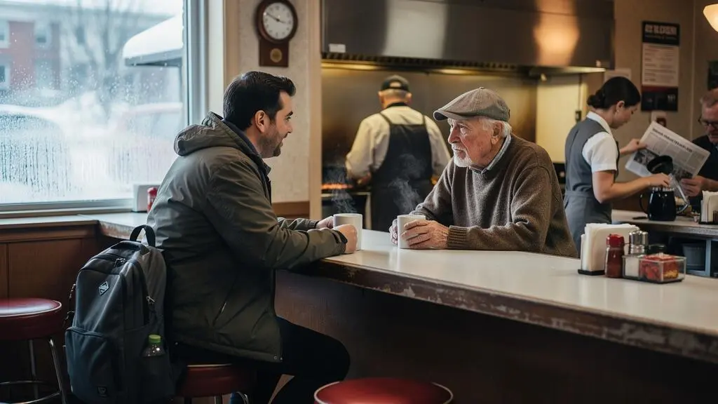 Un voyageur discute avec un habitant au comptoir d'un diner de quartier au Canada, un matin de semaine.