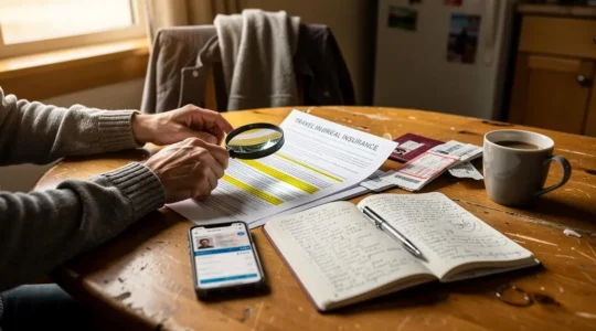 Un voyageur assis à une table de cuisine lit attentivement un contrat d'assurance voyage avec une loupe, entouré de son passeport et de documents de préparation.