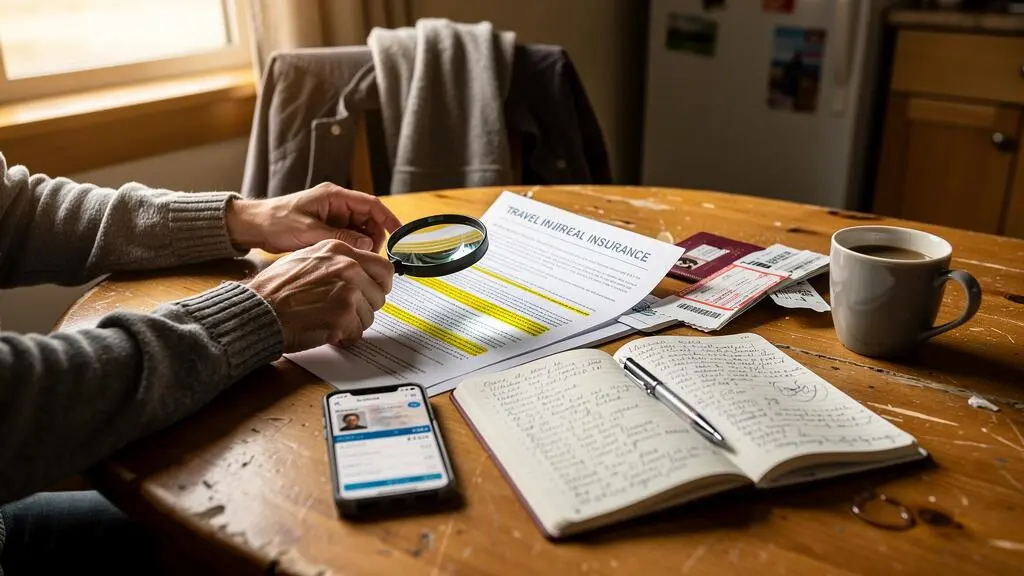 Un voyageur assis à une table de cuisine lit attentivement un contrat d'assurance voyage avec une loupe, entouré de son passeport et de documents de préparation.