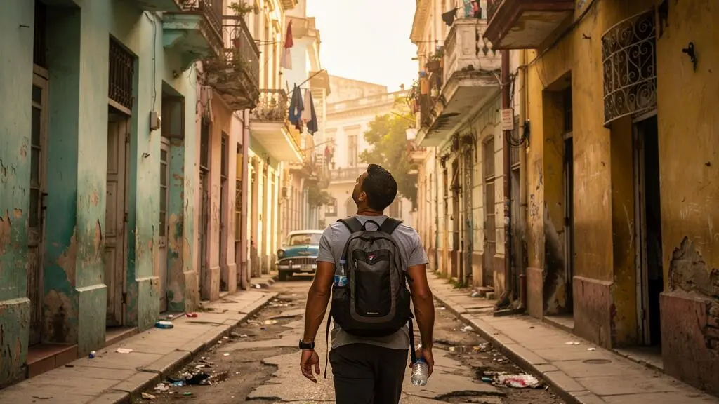 Un voyageur à pied marche dans une rue de la Vieille Havane bordée de façades coloniales patinées, en fin d'après-midi.