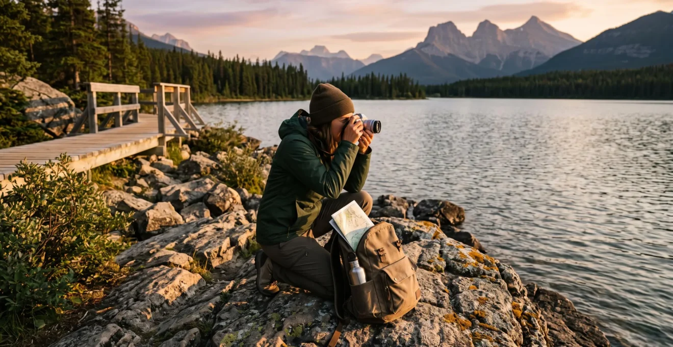 Un voyageur accroupi cadre un lac de montagne canadien avec un appareil compact à la lumière dorée du matin.
