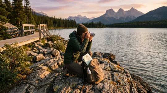 Un voyageur accroupi cadre un lac de montagne canadien avec un appareil compact à la lumière dorée du matin.