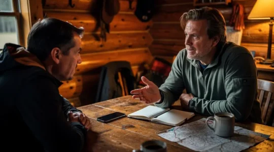Un voyageur raconte une anecdote à un ami attablé dans un chalet, son carnet de voyage ouvert à côté de sa tasse de café.