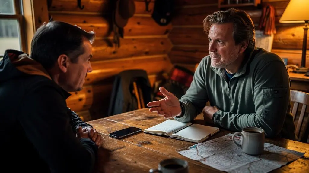 Un voyageur raconte une anecdote à un ami attablé dans un chalet, son carnet de voyage ouvert à côté de sa tasse de café.