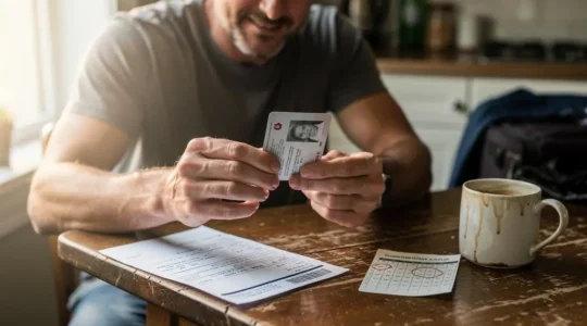 Un voyageur vérifie la date d'expiration de son passeport à une table de cuisine avant de préparer un voyage.