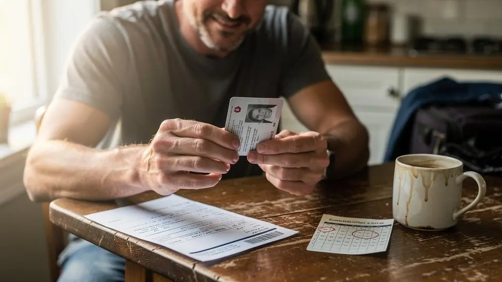 Un voyageur vérifie la date d'expiration de son passeport à une table de cuisine avant de préparer un voyage.