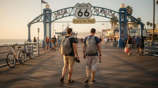 Des voyageurs en road trip marchent vers l'entrée de la jetée de Santa Monica en fin d'après-midi, avec le panneau Route 66 visible sur la structure en bois.
