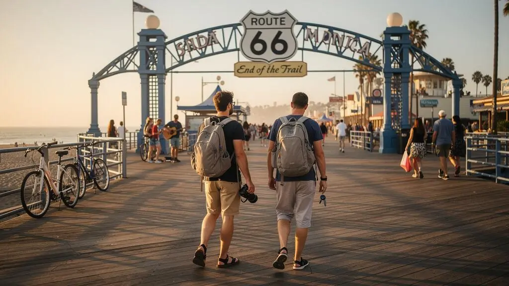 Des voyageurs en road trip marchent vers l'entrée de la jetée de Santa Monica en fin d'après-midi, avec le panneau Route 66 visible sur la structure en bois.