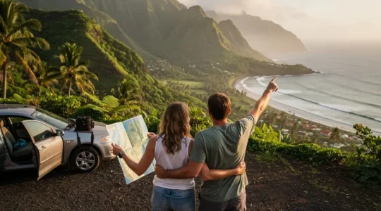 Deux voyageurs debout sur un point de vue côtier d'une île volcanique des Caraïbes, l'un tenant une carte dépliée pendant que l'autre désigne la côte.