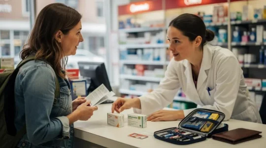 Une voyageuse échange avec un pharmacien derrière le comptoir d'une pharmacie en Amérique du Nord, des médicaments et une carte d'assurance posés sur le comptoir.