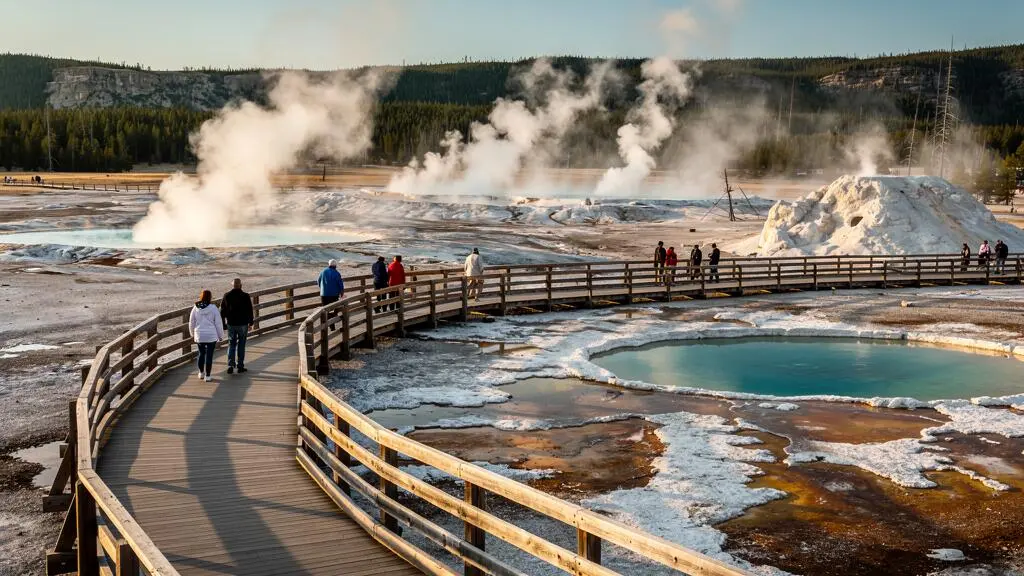 Passerelles d'un bassin de geysers du parc de Yellowstone avec plusieurs colonnes de vapeur visibles et des visiteurs répartis le long du sentier surélevé.